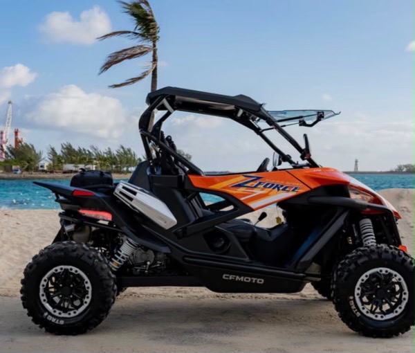 CFMoto ZForce buggy parked on a Bahamian beach