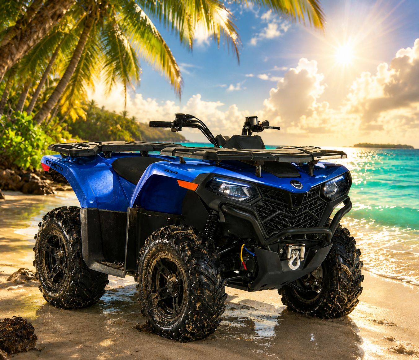 Blue ATV on a turquoise Bahamian beach
